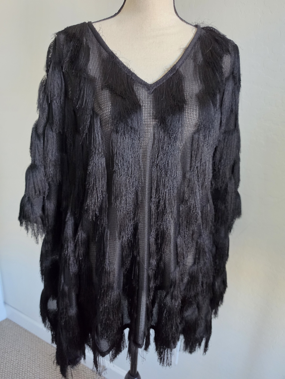 Fringed Black V-Neck Sweater - Bat wing sleeves lightweight mesh tunic size M